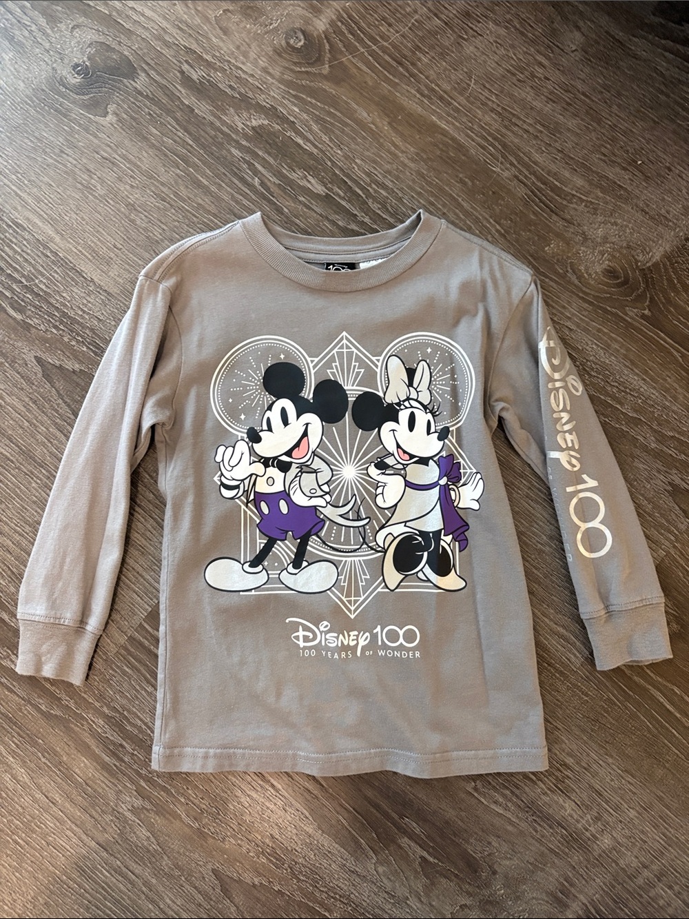 Disney Gray Long Sleeve Mickey & Minnie 100th Anniversary Tee